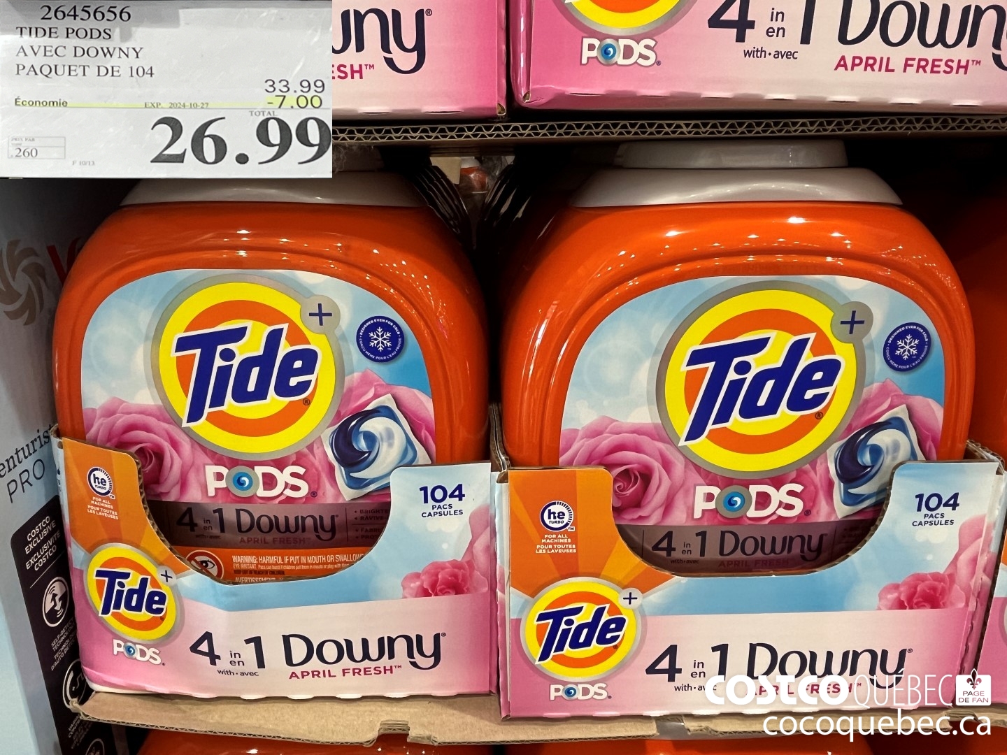 2645656 TIDE PODS AVEC DOWNY PAQUET DE 104  ($7.00 INSTANT SAVINGS EXPIRES ON 2024-10-27) $26.99