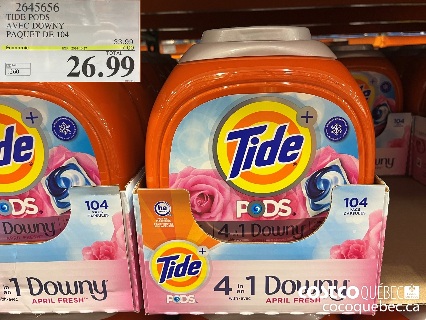 2645656 TIDE PODS AVEC DOWNY PAQUET DE 104  ($7.00 INSTANT SAVINGS EXPIRES ON 2024-10-27) $26.99