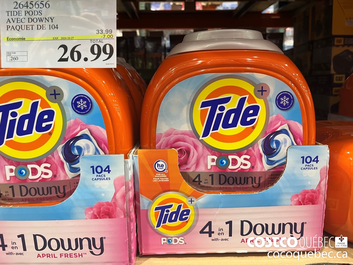 2645656 TIDE PODS AVEC DOWNY PAQUET DE 104  ($7.00 INSTANT SAVINGS EXPIRES ON 2024-10-27) $26.99
