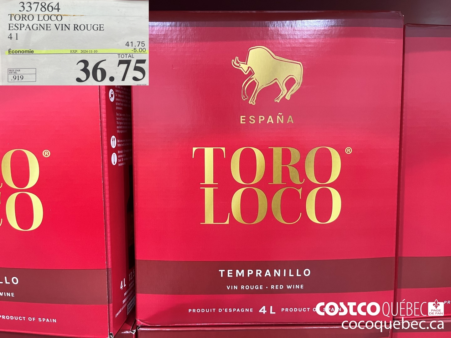 337864 TORO LOCO ESPAGNE VIN ROUGE ($4.00 INSTANT SAVINGS EXPIRES ON 2024-11-10) $36.75