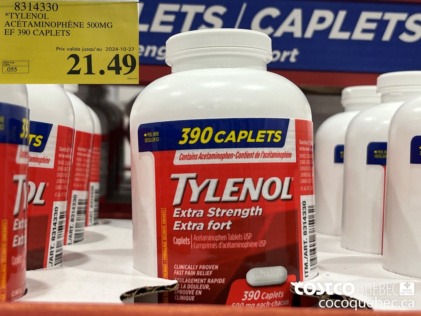 8314330 TYLENOL ACETAMINOPHENE 500MG EF 390 CAPLETS Prix valide jusqu'au 2024-10-27  $21.49