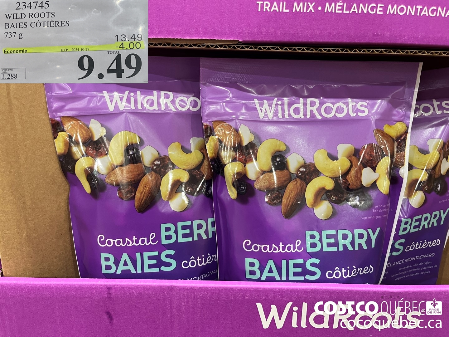 234745 WILD ROOTS BAIES CoTIéRES PRIX PAR 100 g PRIX DE VENTE  ($4.00 INSTANT SAVINGS EXPIRES ON 2024-10-27) $9.49
