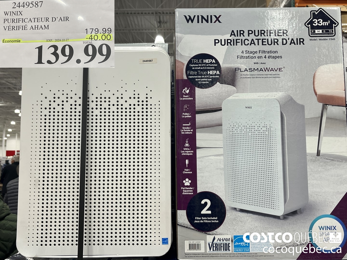 2449587 WINIX PURIFICATEUR D'AIR AHAM ($40.00 INSTANT SAVINGS EXPIRES ON 2024-10-27) $139.99
