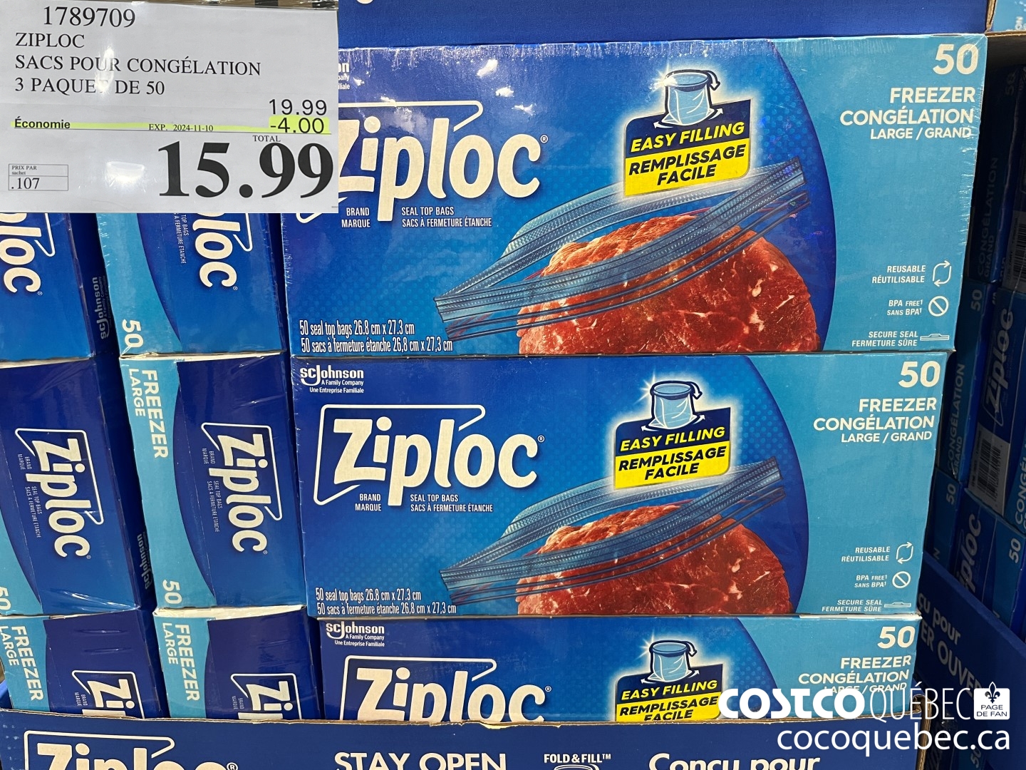 1789709 ZIPLOC SACS POUR CONGELATION 3 PAQUET DE 50 ($4.00 INSTANT SAVINGS EXPIRES ON 2024-11-10) $15.99
