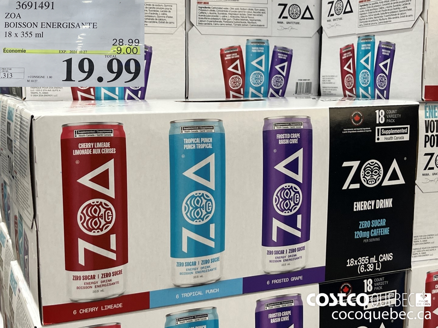 3691491 ZOA BOISSON ENERGISANTE 18 x 355 ml  ($9.00 INSTANT SAVINGS EXPIRES ON 2024-10-27) $19.99