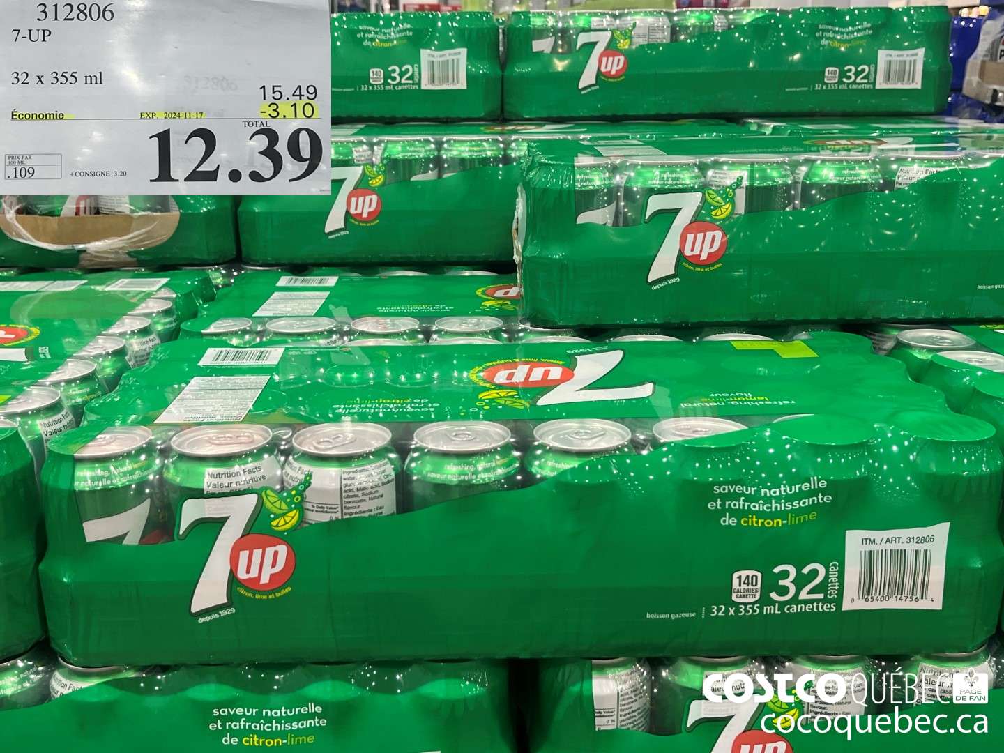 312806 7-UP 32 x 355 ml ($3.10 INSTANT SAVINGS EXPIRES ON 2024-11-17) $12.39