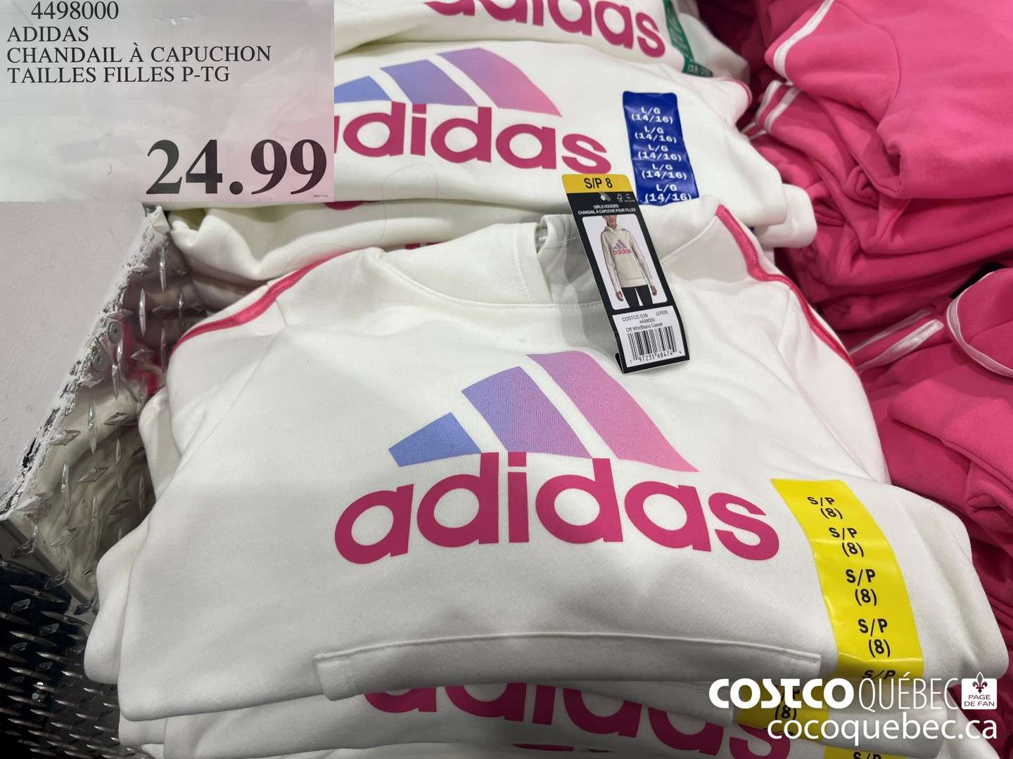 4498000 ADIDAS CHANDAIL A CAPUCHON TAILLES FILLES P-TG  $24.99