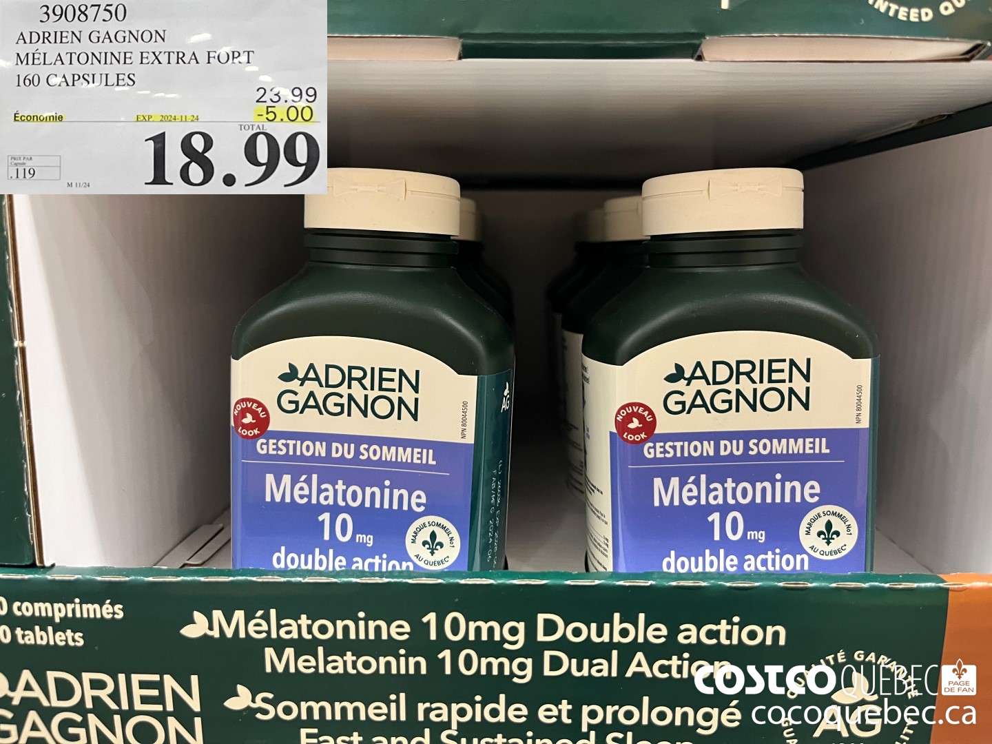 3908750 ADRIEN GAGNON MELLATONINE EXTRA FORT 160 CAPSULES  ($5.00 INSTANT SAVINGS EXPIRES ON 2024-11-24) $18.99