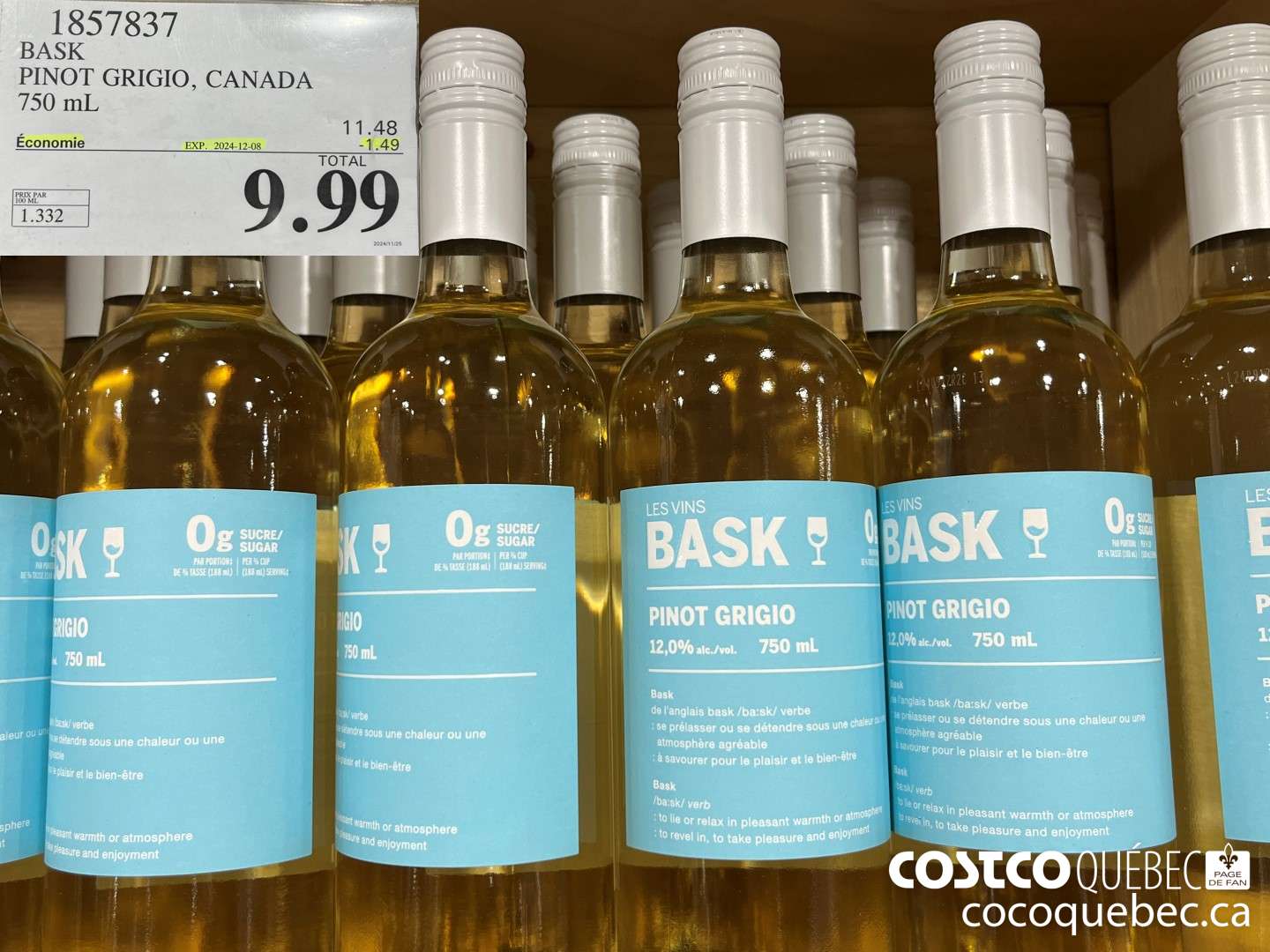 1857837 BASK PINOT GRIGIO, CANADA 750 mL  ($1.49 INSTANT SAVINGS EXPIRES ON 2024-12-08) $9.99