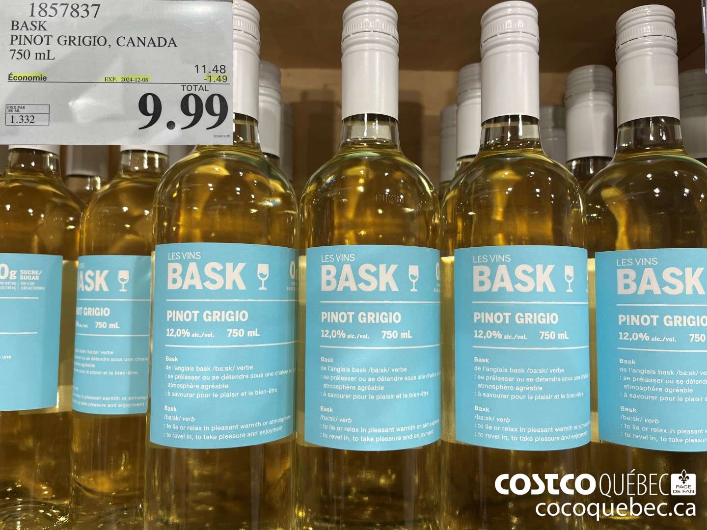 1857837 BASK PINOT GRIGIO, CANADA 750 mL  ($1.49 INSTANT SAVINGS EXPIRES ON 2024-12-08) $9.99