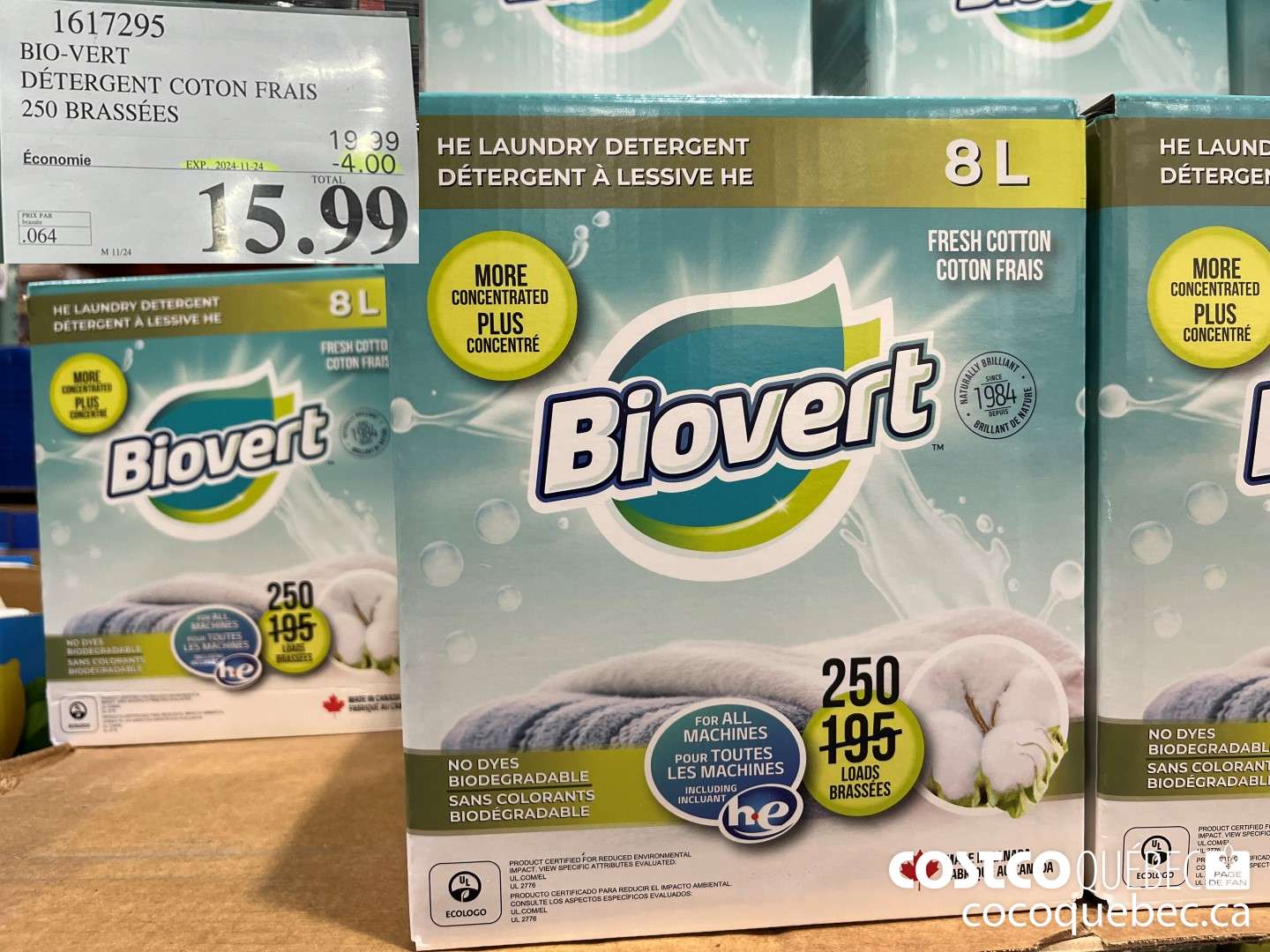 1617295 BIO-VERT DETERGENT COTON FRAIS 250 BRASSEES  ($4.00 INSTANT SAVINGS EXPIRES ON 2024-11-24) $15.99