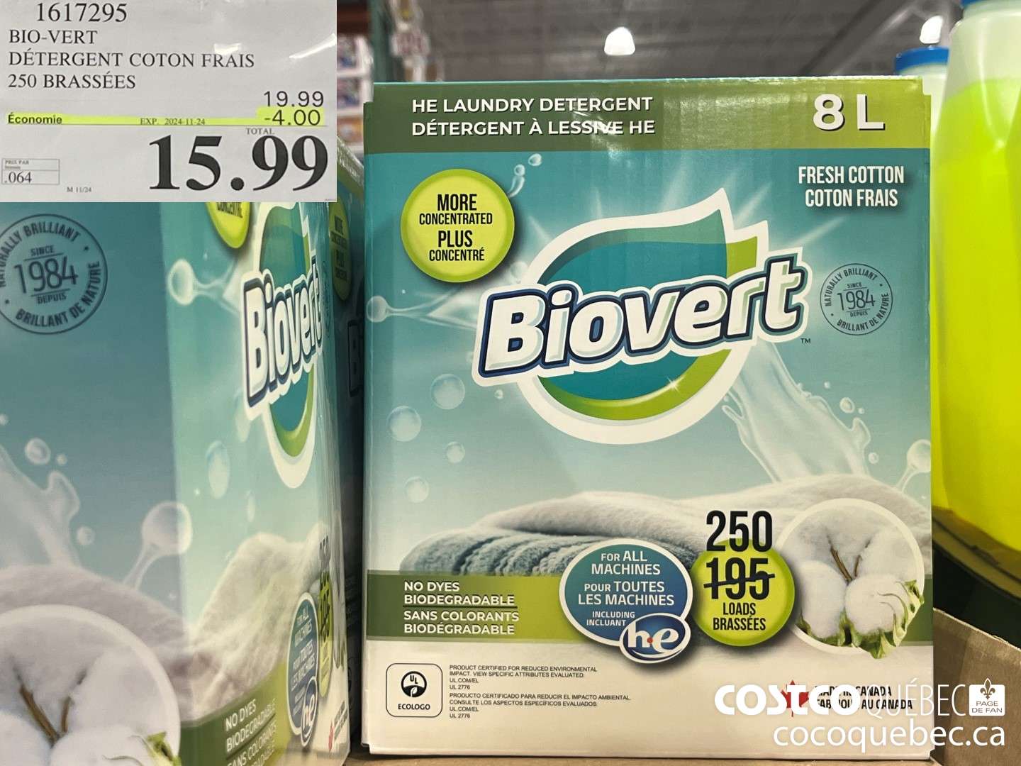 1617295 BIO-VERT DETERGENT COTON FRAIS 250 BRASSEES  ($4.00 INSTANT SAVINGS EXPIRES ON 2024-11-24) $15.99