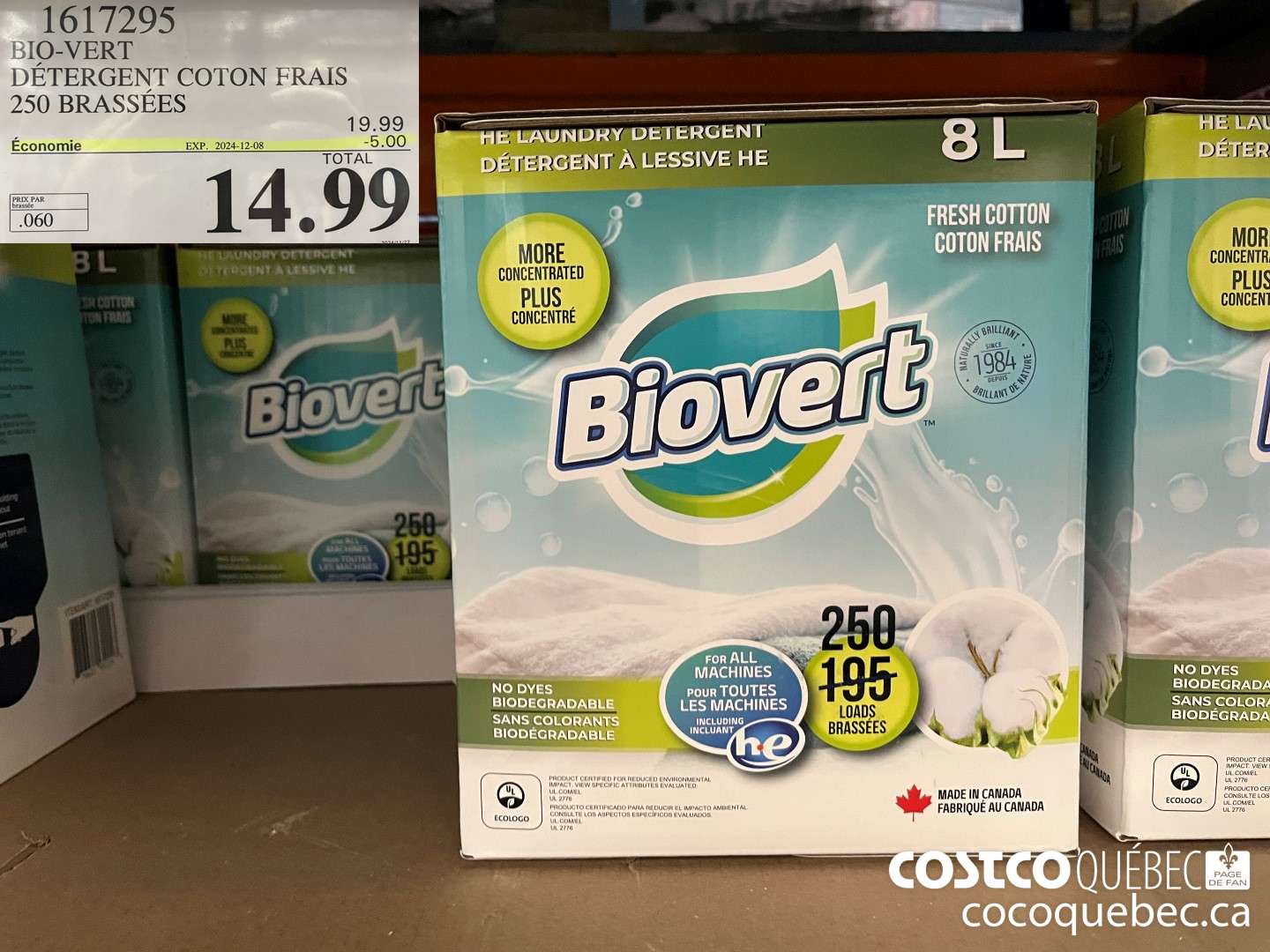 1617295 BIO-VERT DETERGENT COTON FRAIS 250 BRASSEES  ($5.00 INSTANT SAVINGS EXPIRES ON 2024-12-08) $14.99