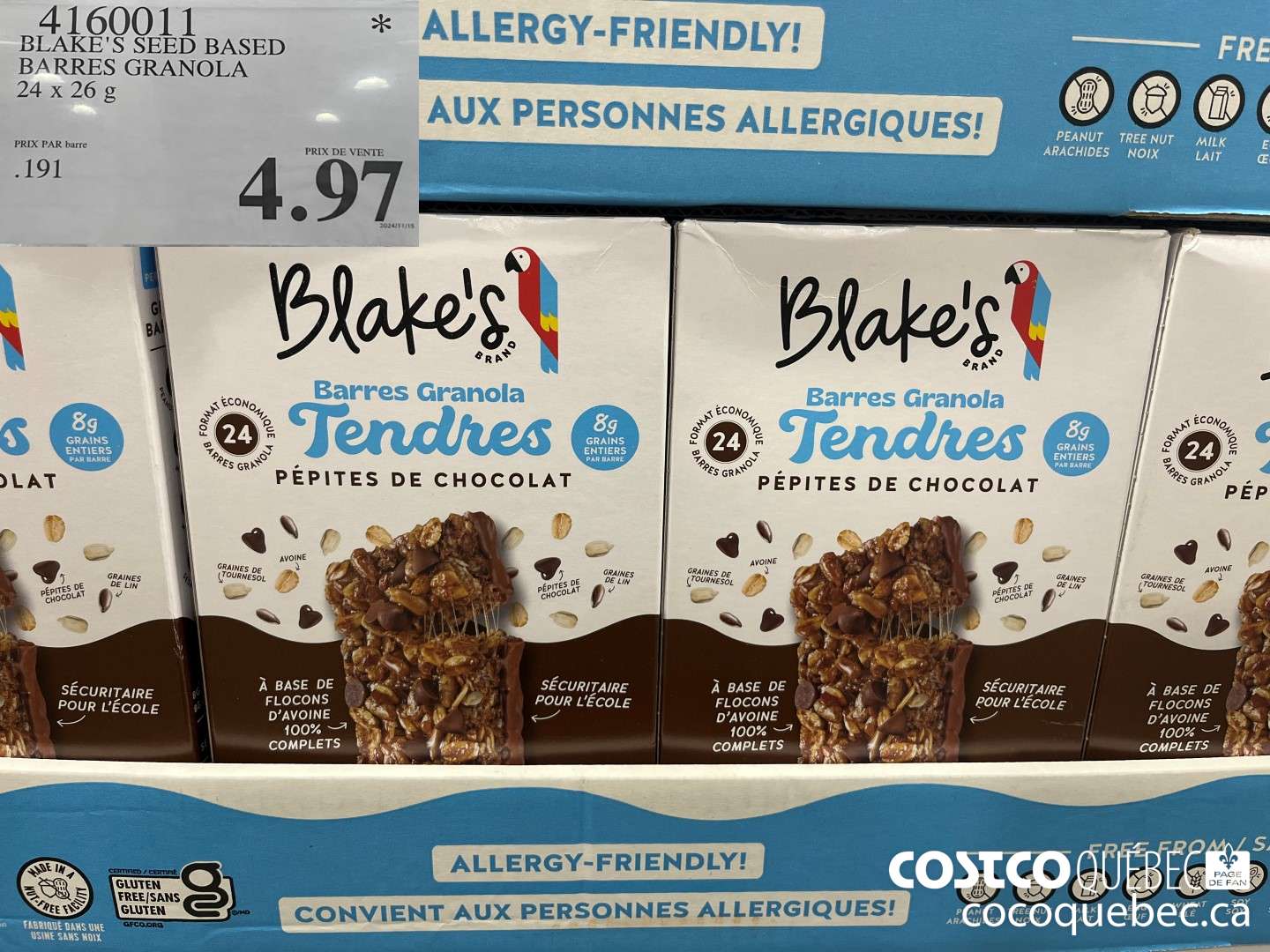 4160011 BLAKE'S SEED BASED BARRES GRANOLA 24 x 26 g  $4.97