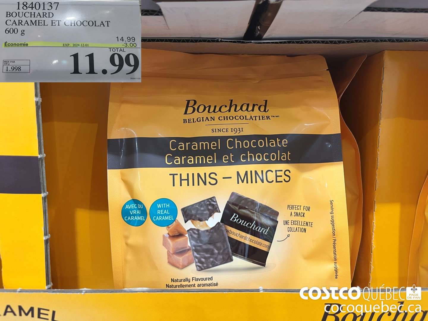 1840137 BOUCHARD CARAMEL ET CHOCOLAT MINCES 600 g  ($3.00 INSTANT SAVINGS EXPIRES ON 2024-12-01) $11.99