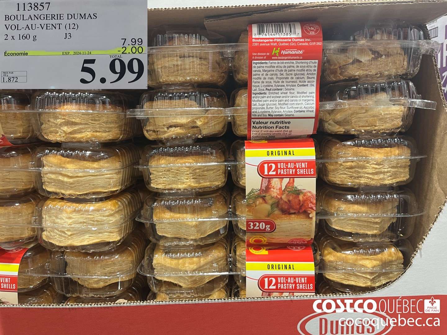113857 BOULANGERIE DUMAS VOL-AU-VENT (12) 2 x 160 g ($2.00 INSTANT SAVINGS EXPIRES ON 2024-11-24) $5.99