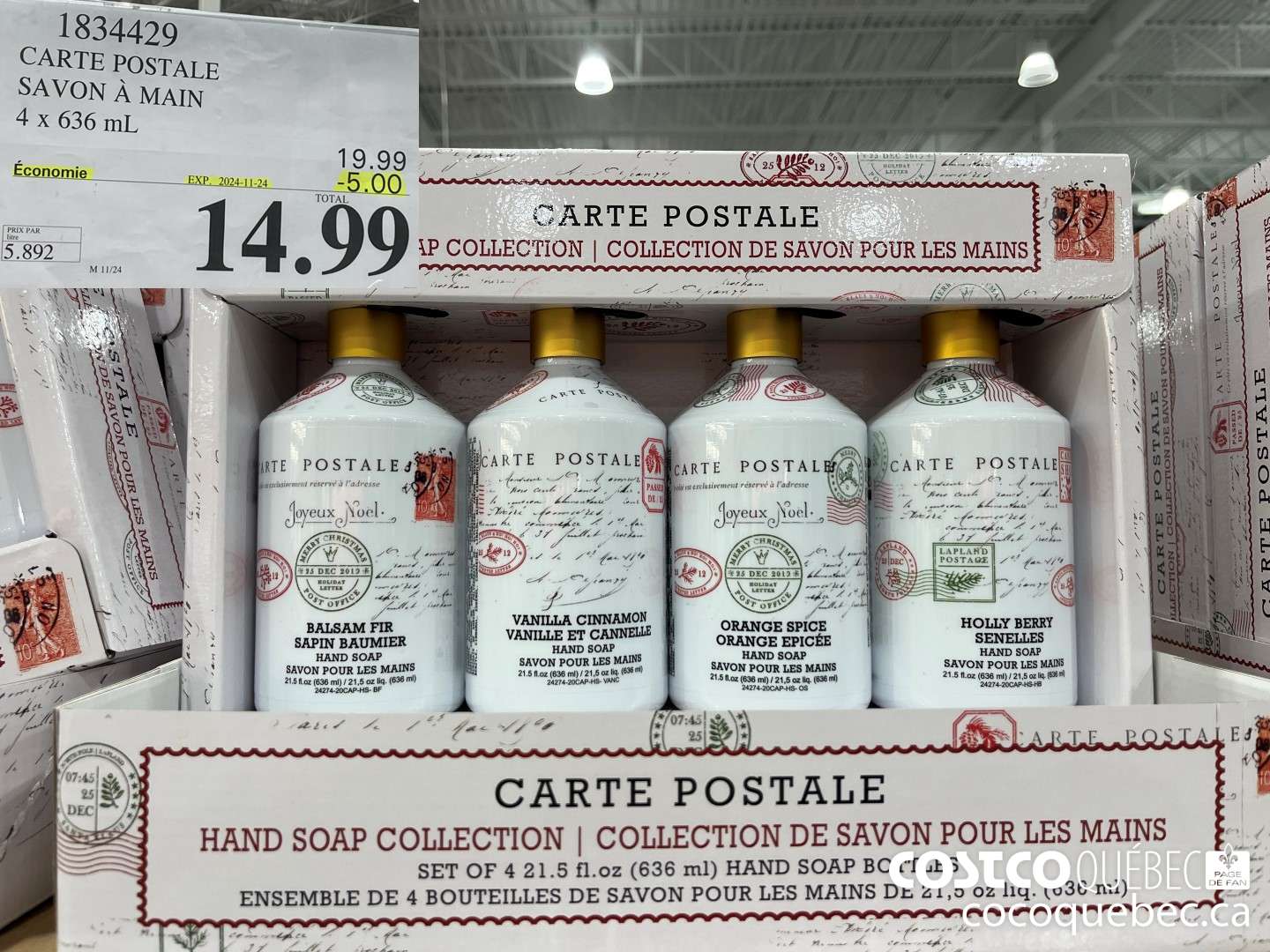 1834499 CARTE POSTALE SAVON A MAIN 4 X 636 mL  ($5.00 INSTANT SAVINGS EXPIRES ON 2024-11-24) $14.99