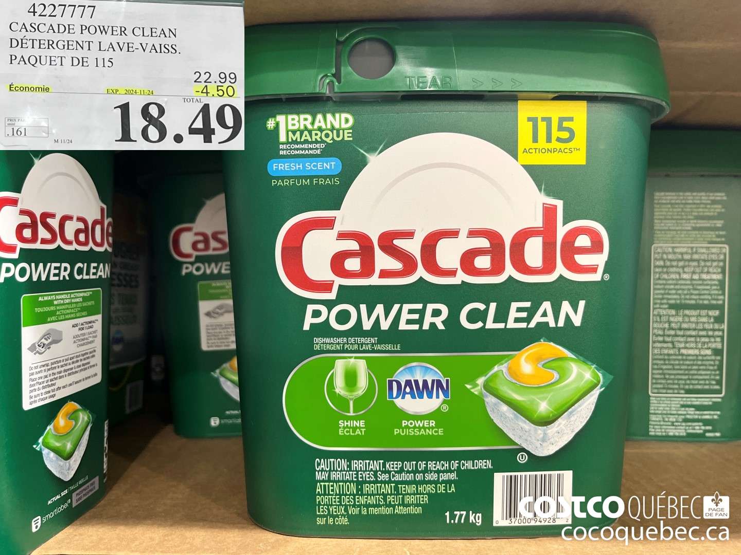 4227777 CASCADE POWER CLEAN DETERGENT LAVE-VAISS. PAQUET DE 115  ($4.50 INSTANT SAVINGS EXPIRES ON 2024-11-24) $18.49