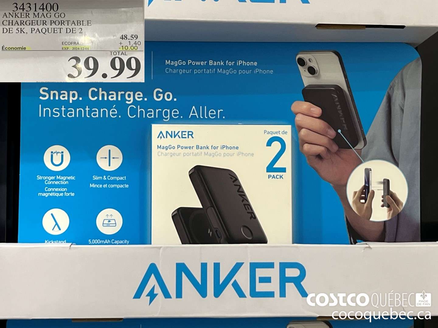 3431400 CHARGEUR PORTABLE , DE 5K, PAQUET DE 2  ($10.00 INSTANT SAVINGS EXPIRES ON 2024-12-01) $39.99