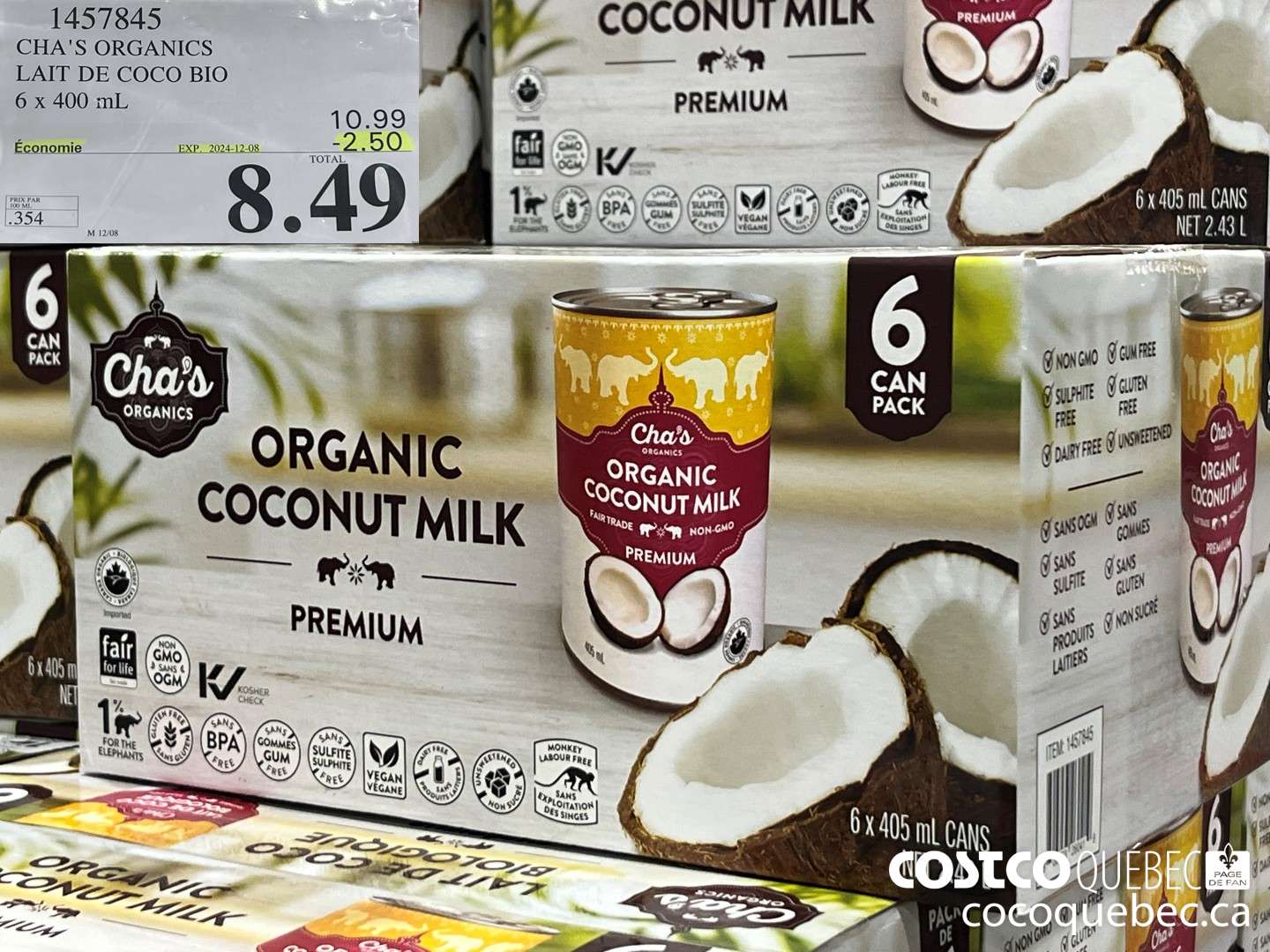1457845 CHA'S ORGANICS LAIT DE COCO BIO 6x 400 mL ($2.50 INSTANT SAVINGS EXPIRES ON 2024-12-08) $8.49