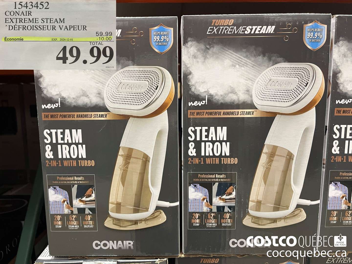1543452 CONAIR EXTREME STEAM DEFROISSEUR VAPEUR “2 EN 1 AVEC TURBO  ($15.00 INSTANT SAVINGS EXPIRES ON 2024-12-01) $49.99