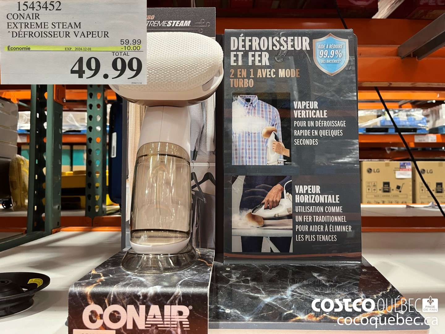 1543452 CONAIR EXTREME STEAM DEFROISSEUR VAPEUR “2 EN 1 AVEC TURBO  ($10.00 INSTANT SAVINGS EXPIRES ON 2024-12-01) $49.99