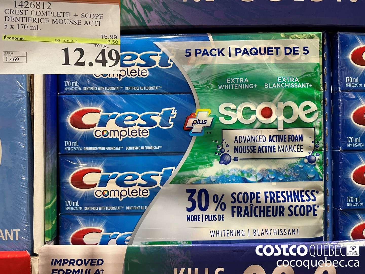 14268192 CREST COMPLETE + SCOPE DENTIEFRICE MOUSSE ACTI 5x170ml  ($3.50 INSTANT SAVINGS EXPIRES ON 2024-11-10) $12.49