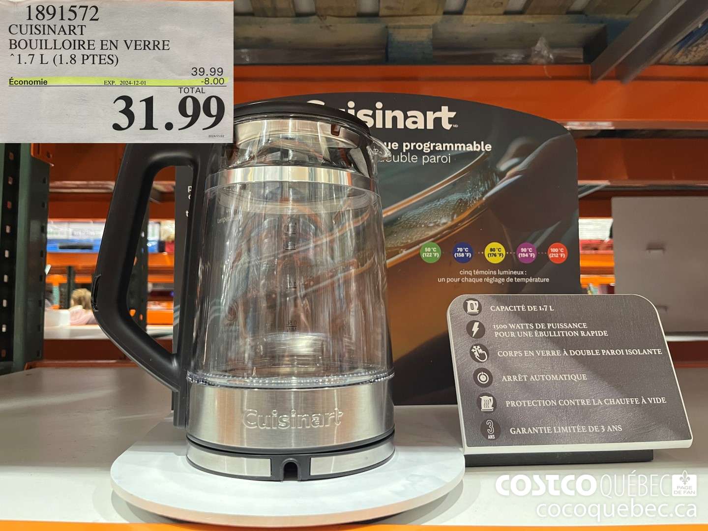 1891572 CUISINART BOUILLOIRE EN VERRE “1.7 L (1.8 PTES)  ($8.00 INSTANT SAVINGS EXPIRES ON 2024-12-01) $31.99