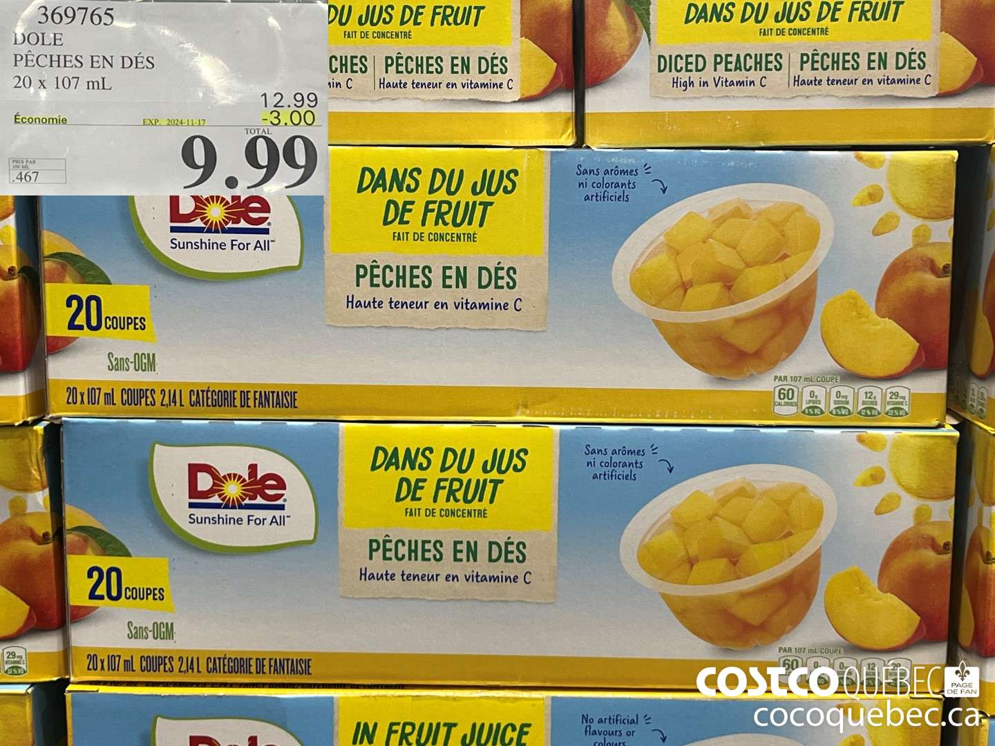369765 DOLE PECHES EN DES 20 x 107 mL  ($3.00 INSTANT SAVINGS EXPIRES ON 2024-11-17) $9.99