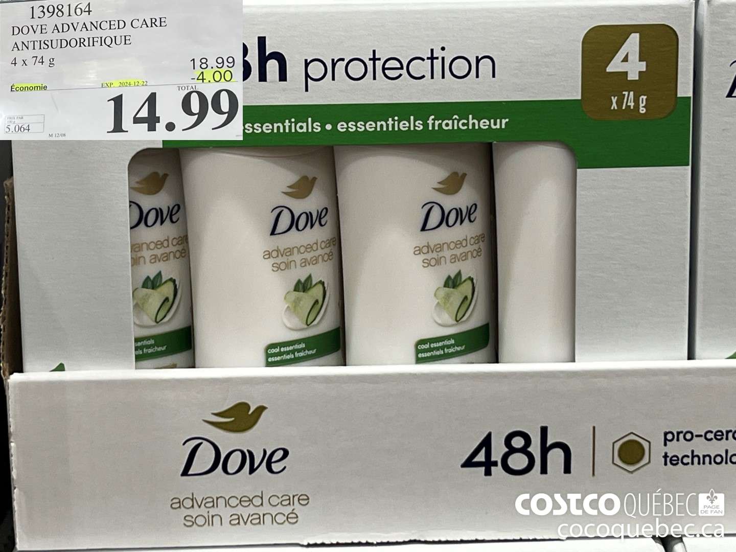 1398164 DOVE ADVANCED CARE ANTISUDORIFIQUE 4x74 ($4.00 INSTANT SAVINGS EXPIRES ON 2024-12-22) $14.99