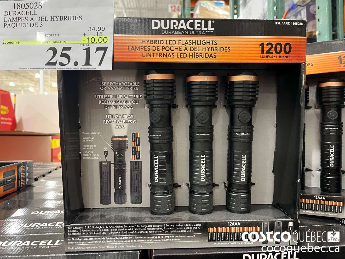 1805028 DURACELL LAMPES A DEL HYBRIDES PAQUET DE 3  ($10.00 INSTANT SAVINGS EXPIRES ON 2024-11-24) $25.17