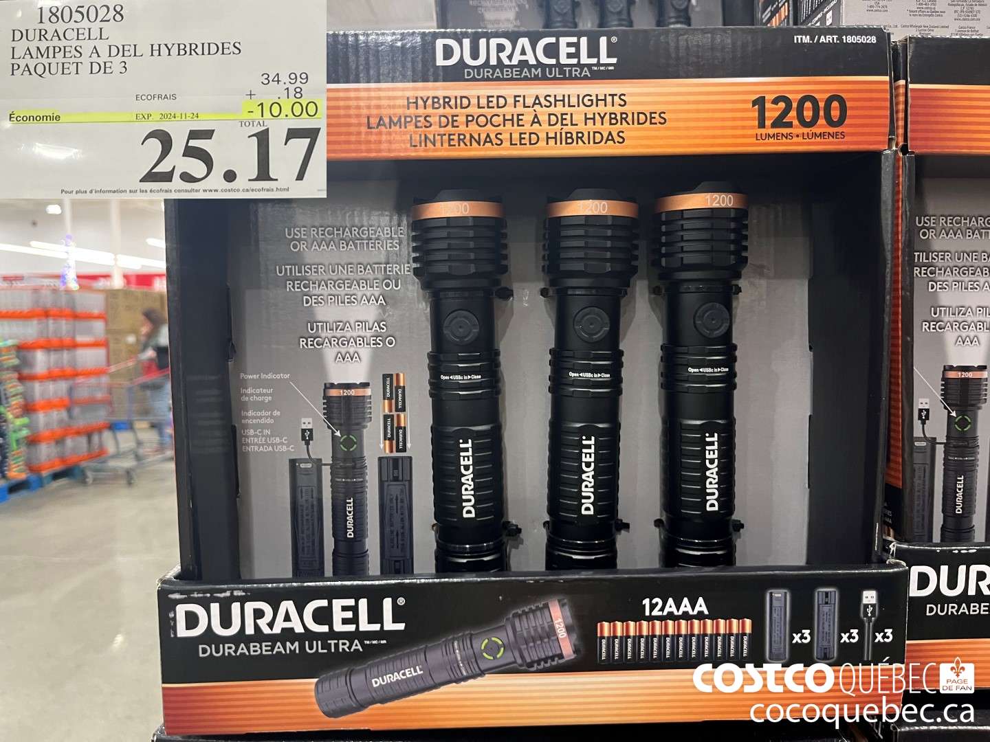 1805028 DURACELL LAMPES A DEL HYBRIDES PAQUET DE 3  ($10.00 INSTANT SAVINGS EXPIRES ON 2024-11-24) $25.17