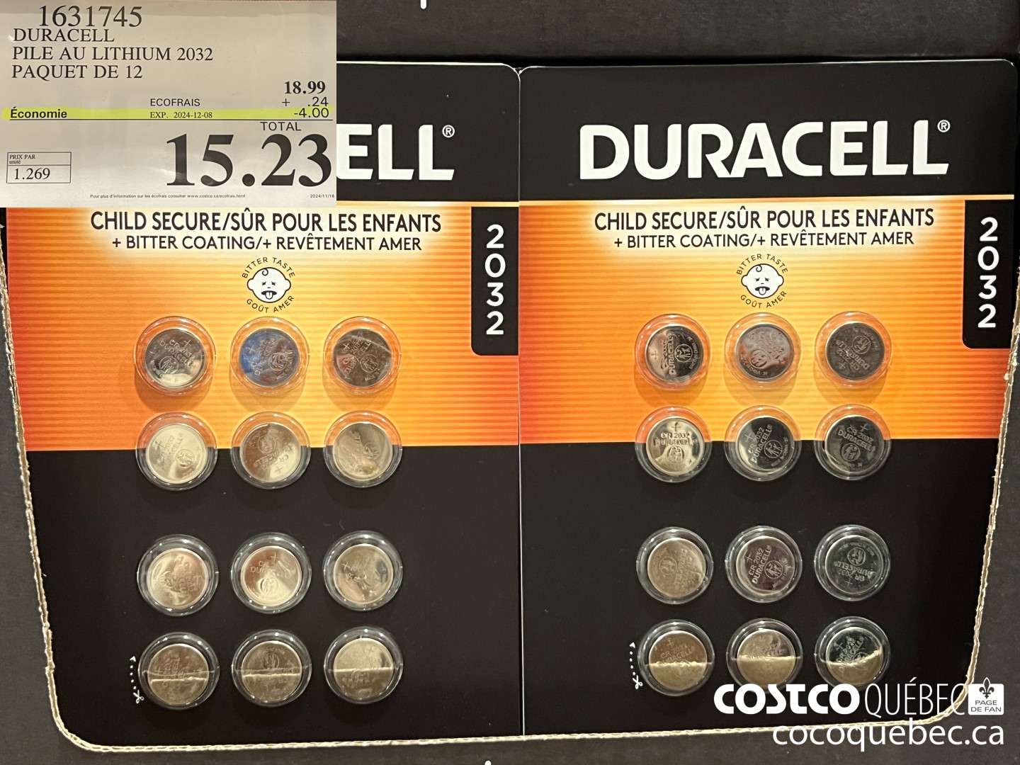 1631745 DURACELL PILE AU LITHIUM 2032 PAQUET DE 12 ($4.00 INSTANT SAVINGS EXPIRES ON 2023-12-08) $15.23