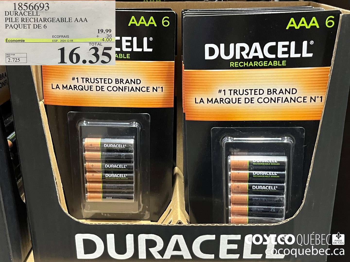 1856693 DURACELL PILE RECHARGEABLE AAA PAQUET DE 6  (EXPIRES ON 2024-12-08) $16.35