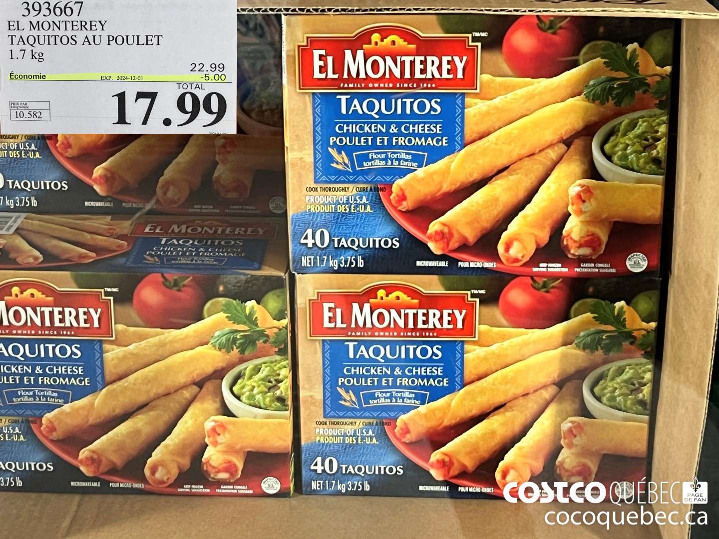 393667 EL MONTEREY TAQUITOS AU POULET 1.7KG ($5.00 INSTANT SAVINGS EXPIRES ON 2024-12-01) $17.99