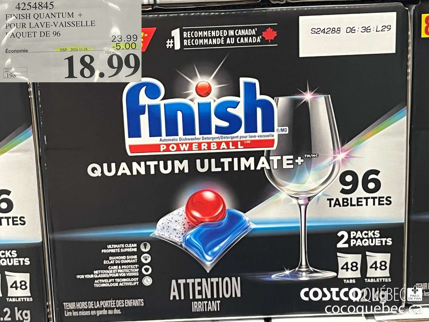 4254845 FINISH QUANTUM + POUR LAVE-VAISSELLE PAQUET DE 96  ($5.00 INSTANT SAVINGS EXPIRES ON 2024-11-24) $18.99