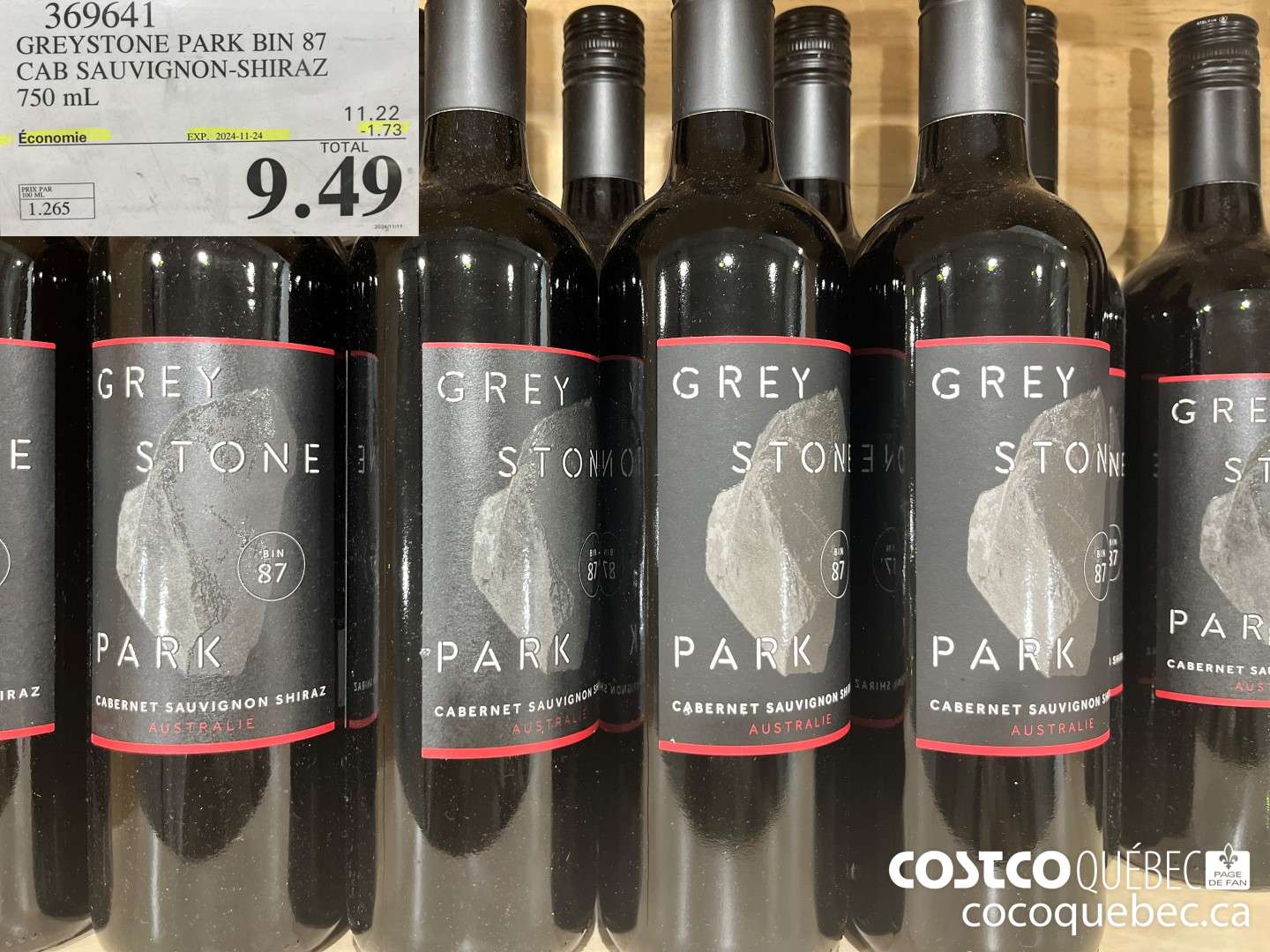 369641 GREYSTONE PARK BIN 87 CAB SAUVIGNON-SHIRAZ 750 mL  ($1.73 INSTANT SAVINGS EXPIRES ON 2024-11-24) $9.49