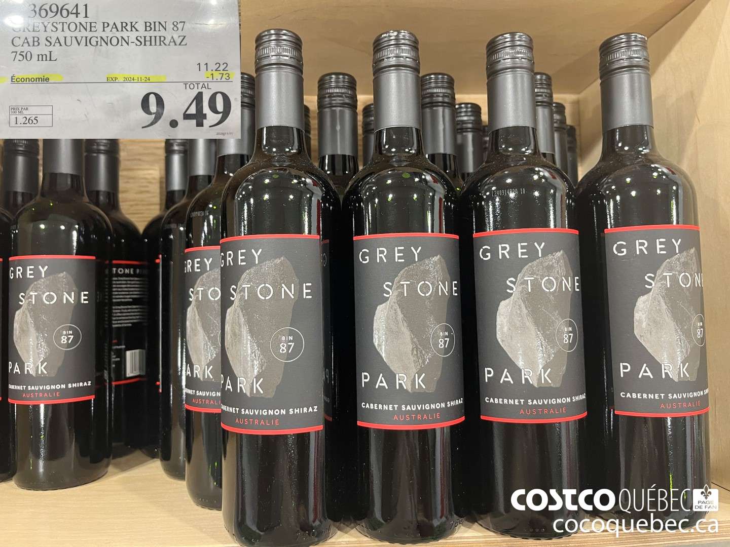 369641 GREYSTONE PARK BIN 87 CAB SAUVIGNON-SHIRAZ 750 mL  ($1.73 INSTANT SAVINGS EXPIRES ON 2024-11-24) $9.49