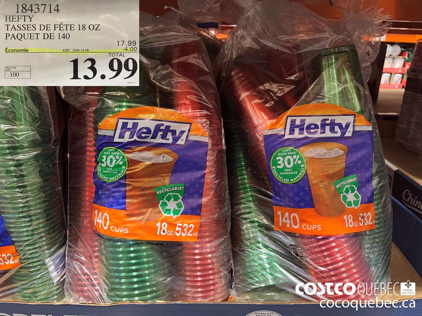 1843714 HEFTY TASSES DE FETE 18 OZ PAQUET DE 140  ($4.00 INSTANT SAVINGS EXPIRES ON 2024-12-08) $13.99