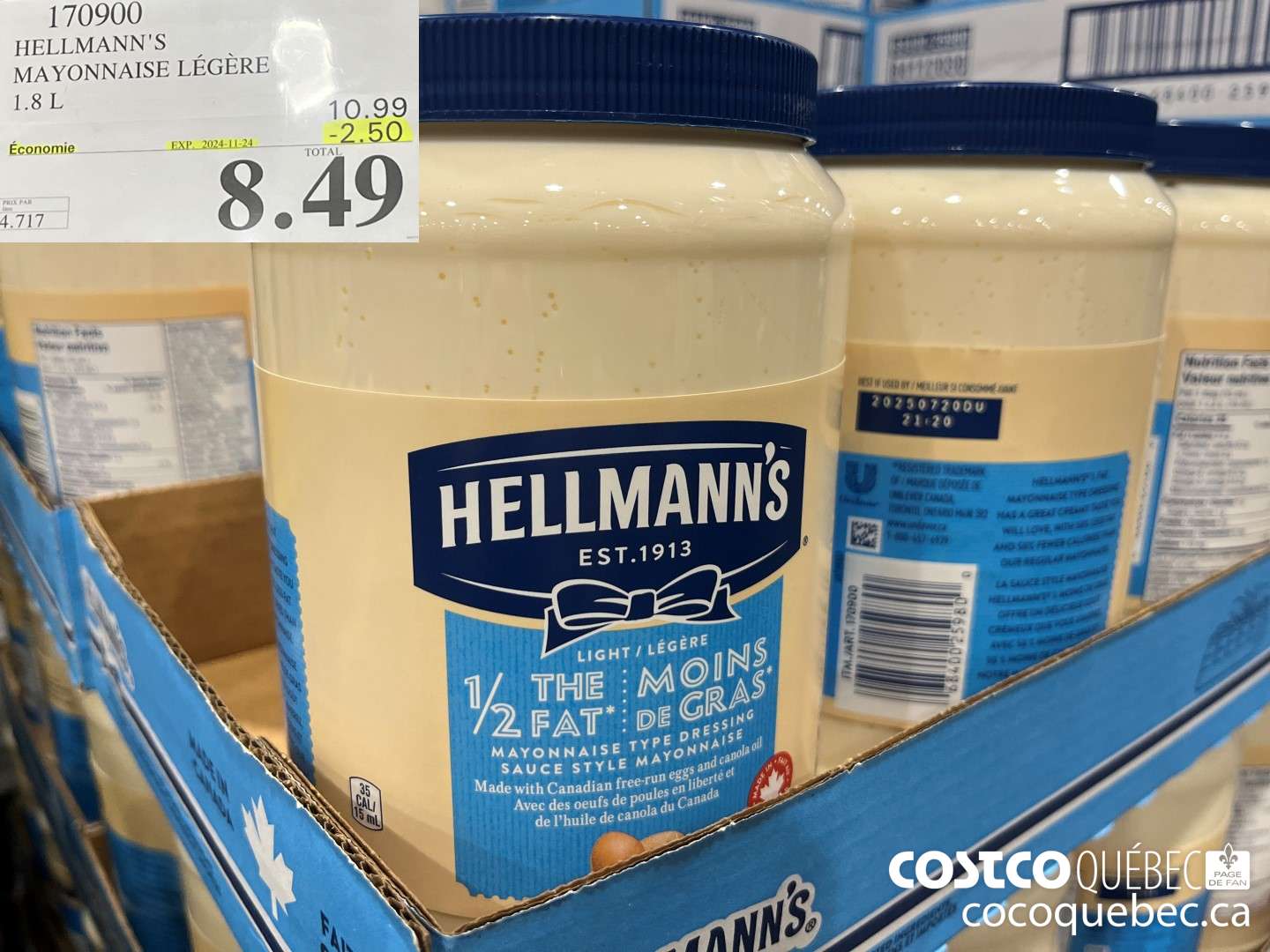 170900 HELLMANN'S MAYONNAISE LEGERE 1.8 L ($2.50 INSTANT SAVINGS EXPIRES ON 2024-11-24) $8.49