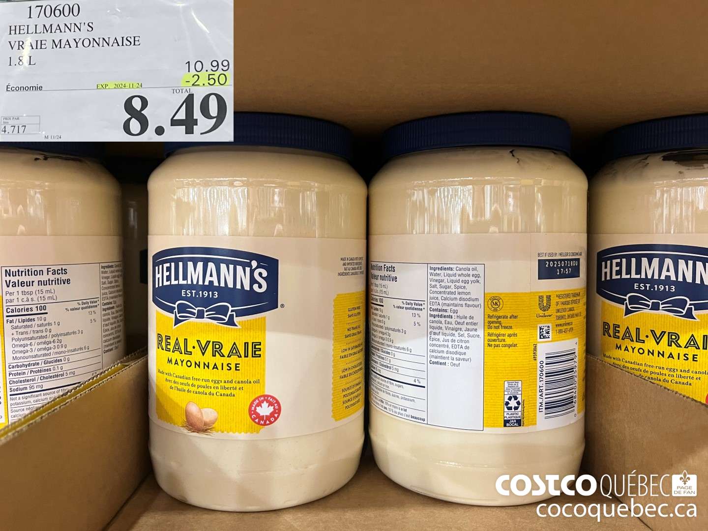 170600 HELLMANN'S VRAIE MAYONNAISE  ($2.50 INSTANT SAVINGS EXPIRES ON 2024-11-24) $8.49