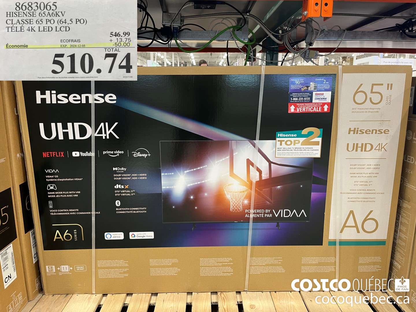 8683065 HISENSE 65A6KV CLASSE 65 PO (64,5 PO) TELE 4K LED LCD  ($50.00 INSTANT SAVINGS EXPIRES ON 2024-12-05) $510.74