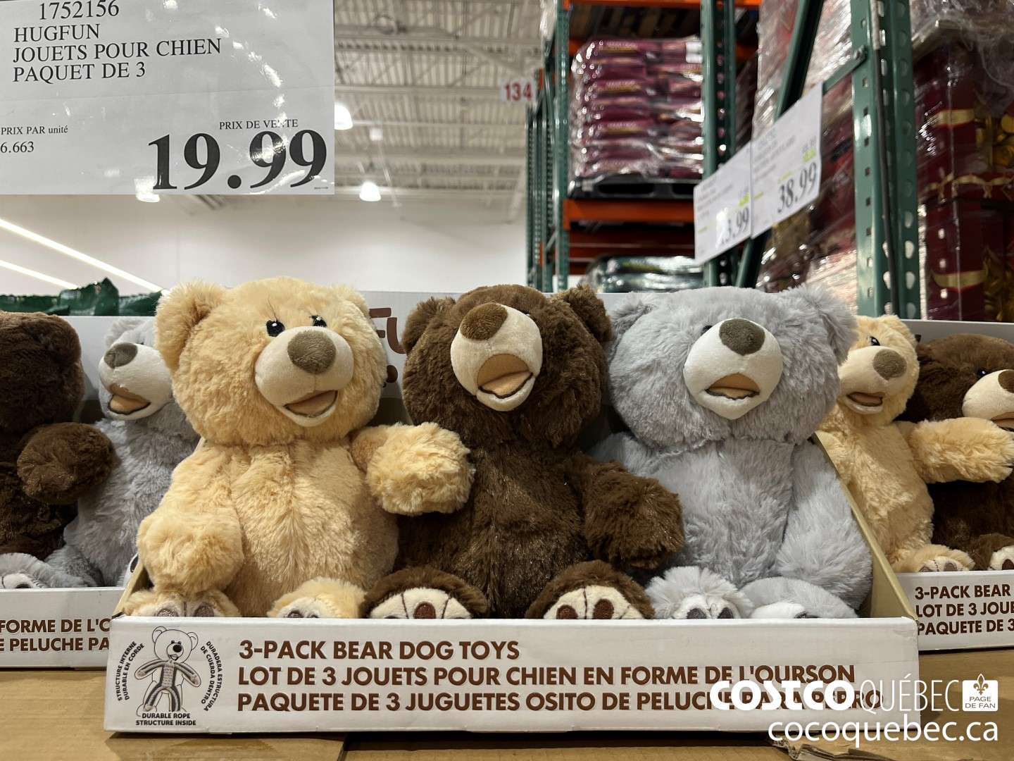 1752156 HUGFUN JOUETS POUR CHIEN PAQUET DE 3  $19.99