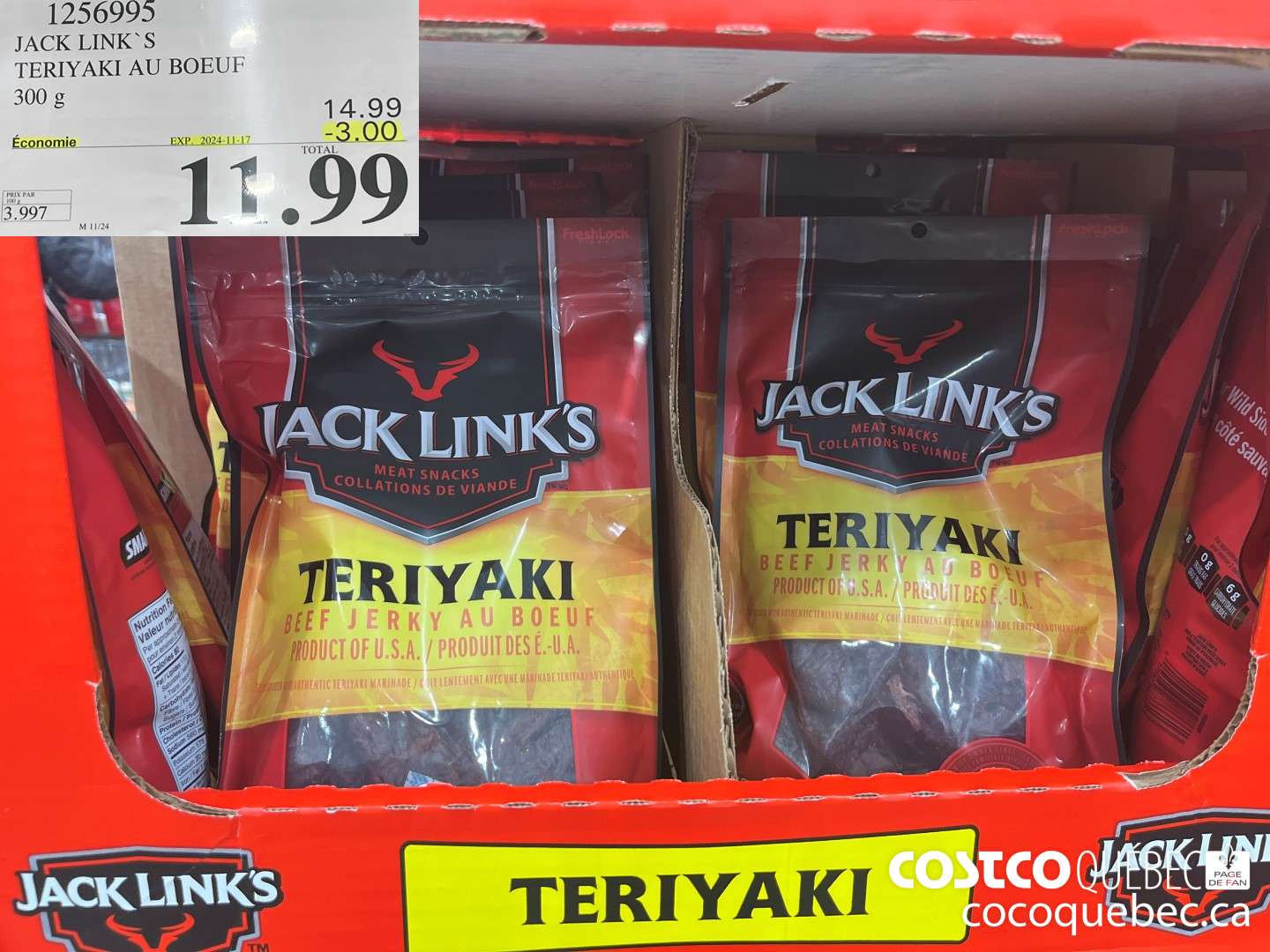 1256995 JACK LINKS TERIYAKI AU BOEUF 300 g ($3.00 INSTANT SAVINGS EXPIRES ON 2024-11-17) $11.99