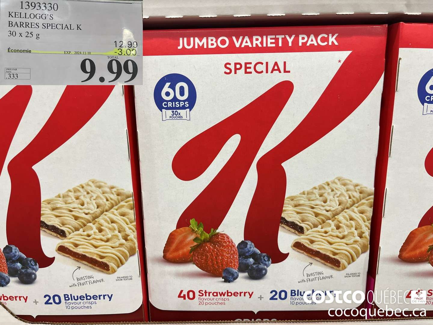 1393330 KELLOGG's BARRES SPECIAL K 30 X25  ($12.99 INSTANT SAVINGS EXPIRES ON 2024-11-10) $9.99