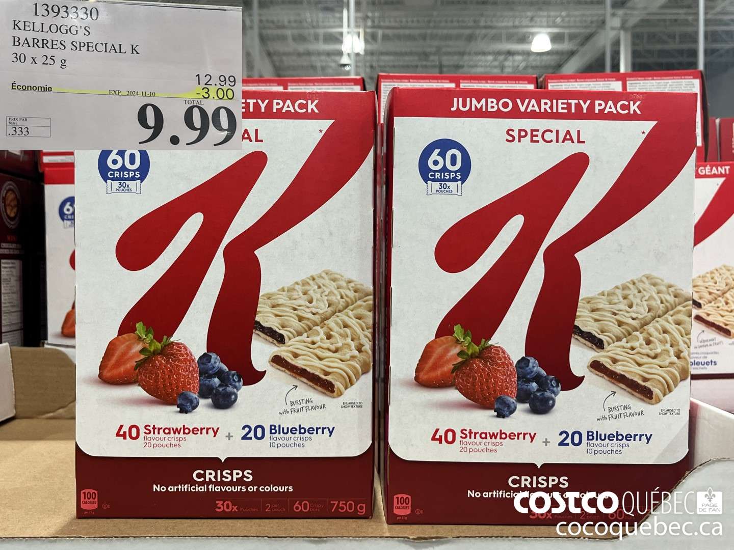 1393330 KELLOGG's BARRES SPECIAL K 30 X 25 G ($3.00 INSTANT SAVINGS EXPIRES ON 2024-11-10) $9.99