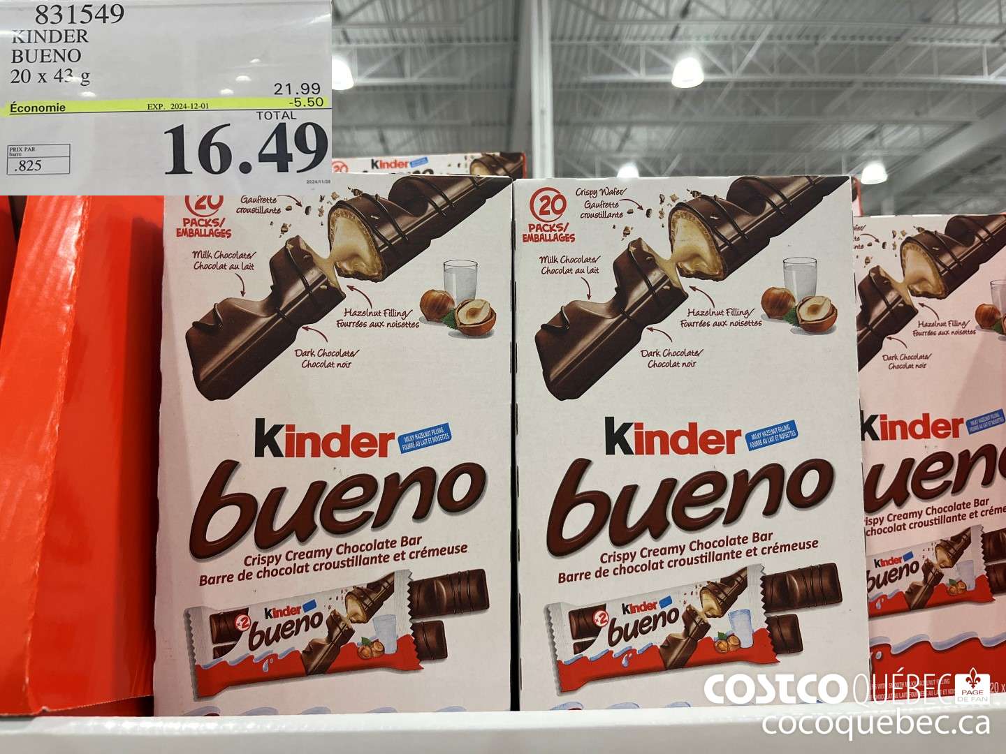 831549 KINDER BUENO 20 x 43 g ($5.50 INSTANT SAVINGS EXPIRES ON 2024-12-01) $16.49