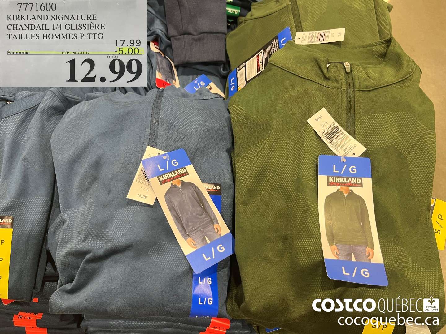 7771600 KIRKLAND SIGNATURE CHANDAIL 1/4 GLISSIERE TAILLES HOMMES P-TTG  ($5.00 INSTANT SAVINGS EXPIRES ON 2024-11-17) $12.99