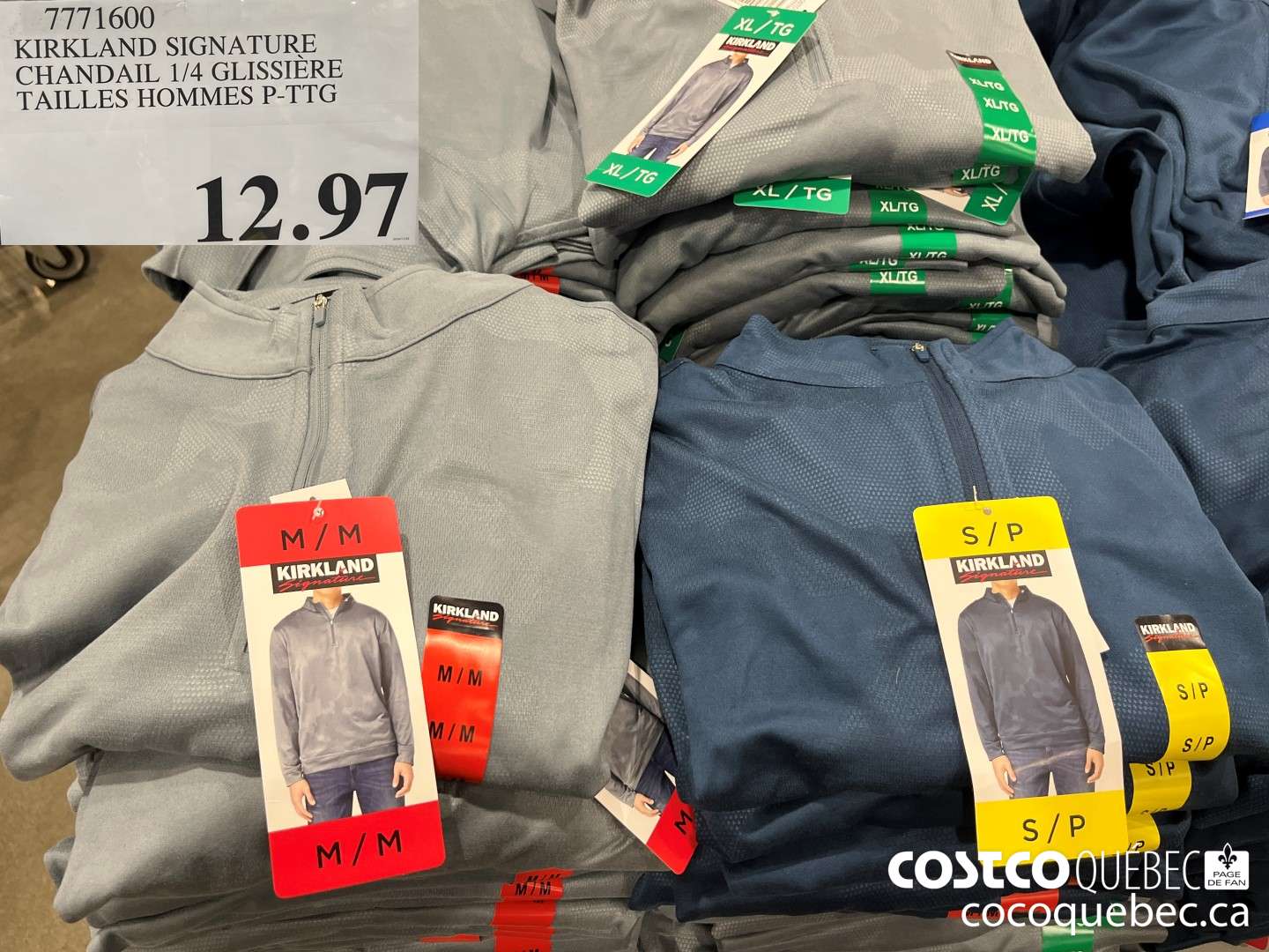 7771600 KIRKLAND SIGNATURE CHANDAIL 1/4 GLISSIERE TAILLES HOMMES P-TTG  $12.97