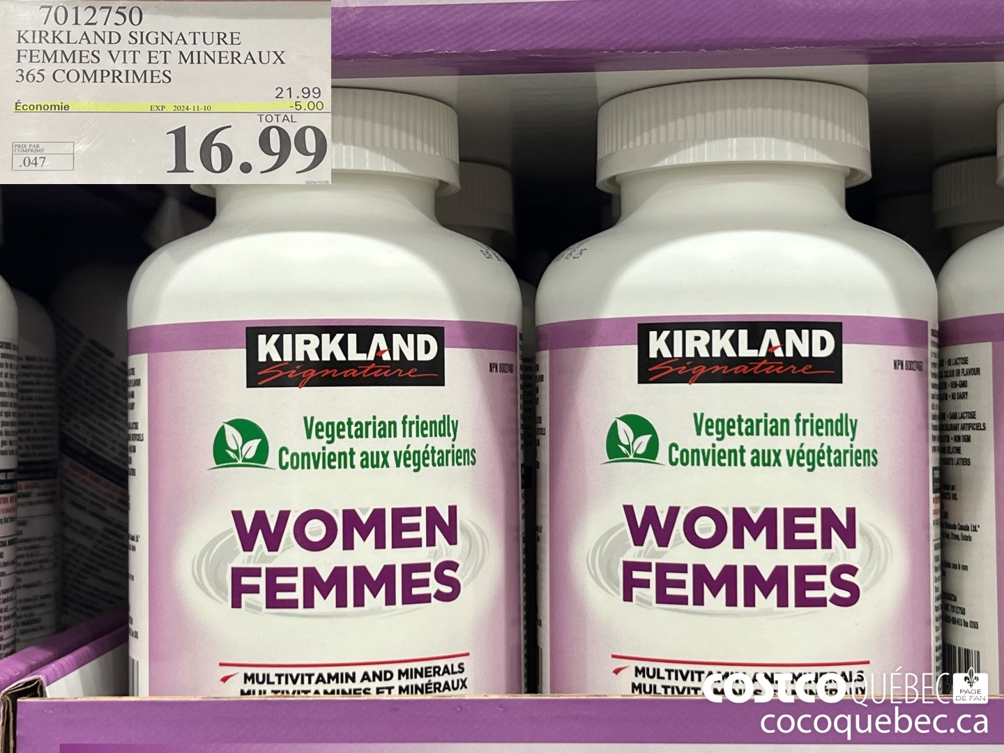 7012750 KIRKLAND SIGNATURE FEMMES VIT ET MINERAUX 365 COMPRIMES  ($5.00 INSTANT SAVINGS EXPIRES ON 2024-11-10) $16.99